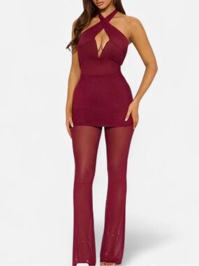 Burgundy Halter Top Mesh Matching Set